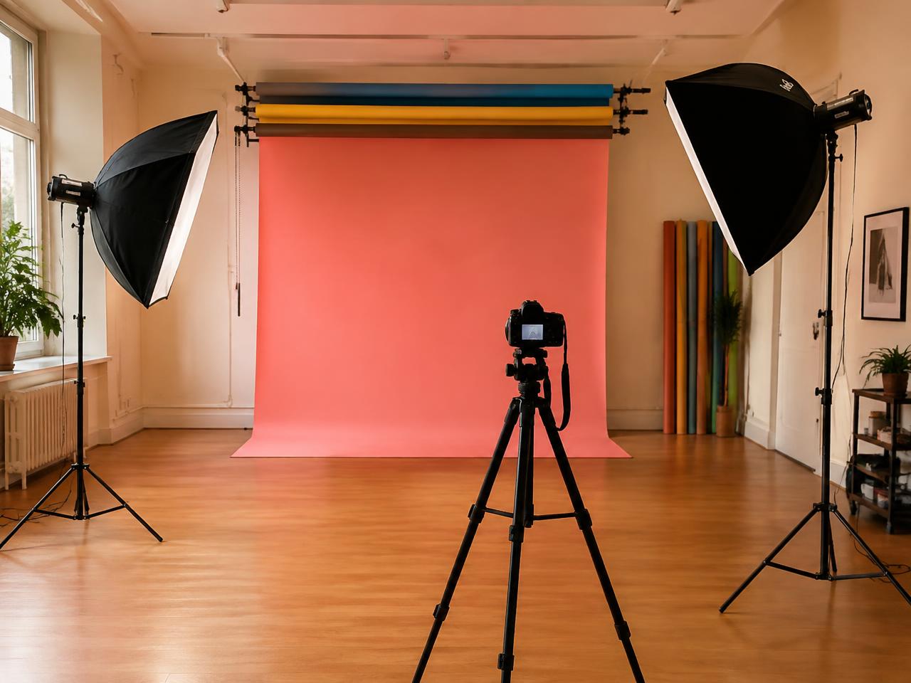 Photography studio with softboxes, colorful backdrops, and a camera on a tripod