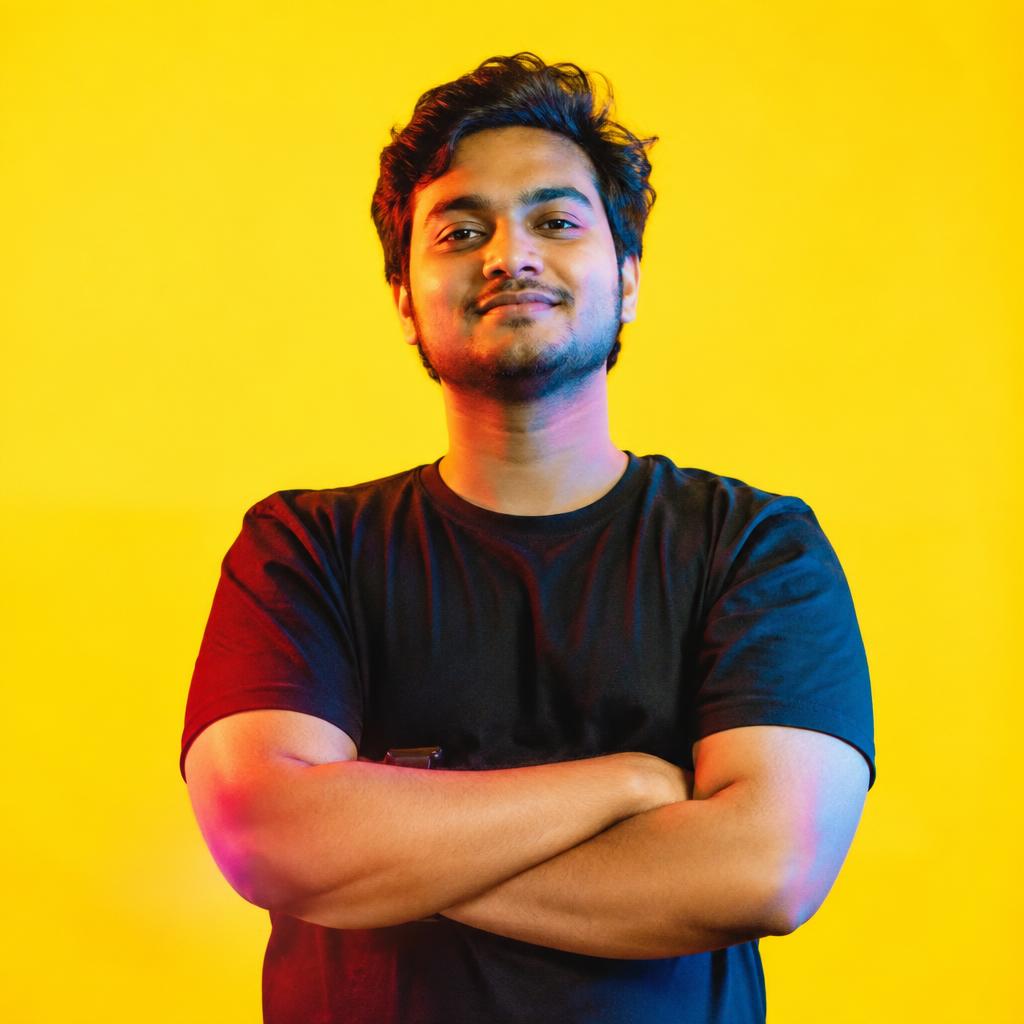 Founder portrait on a bold yellow studio backdrop