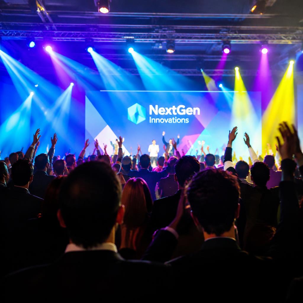 Corporate launch event with colorful stage lighting