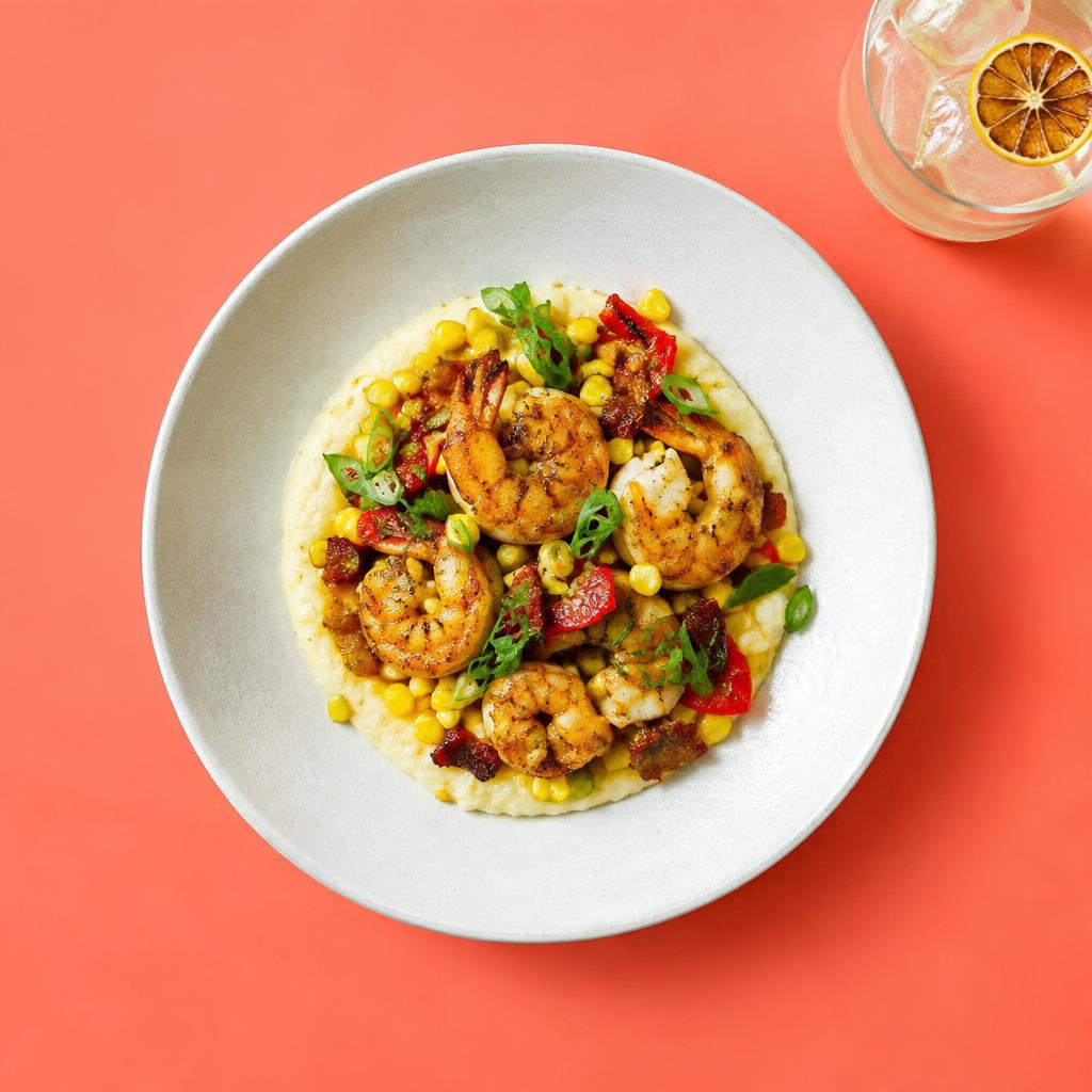 Restaurant dish photographed flat lay on a coral tabletop