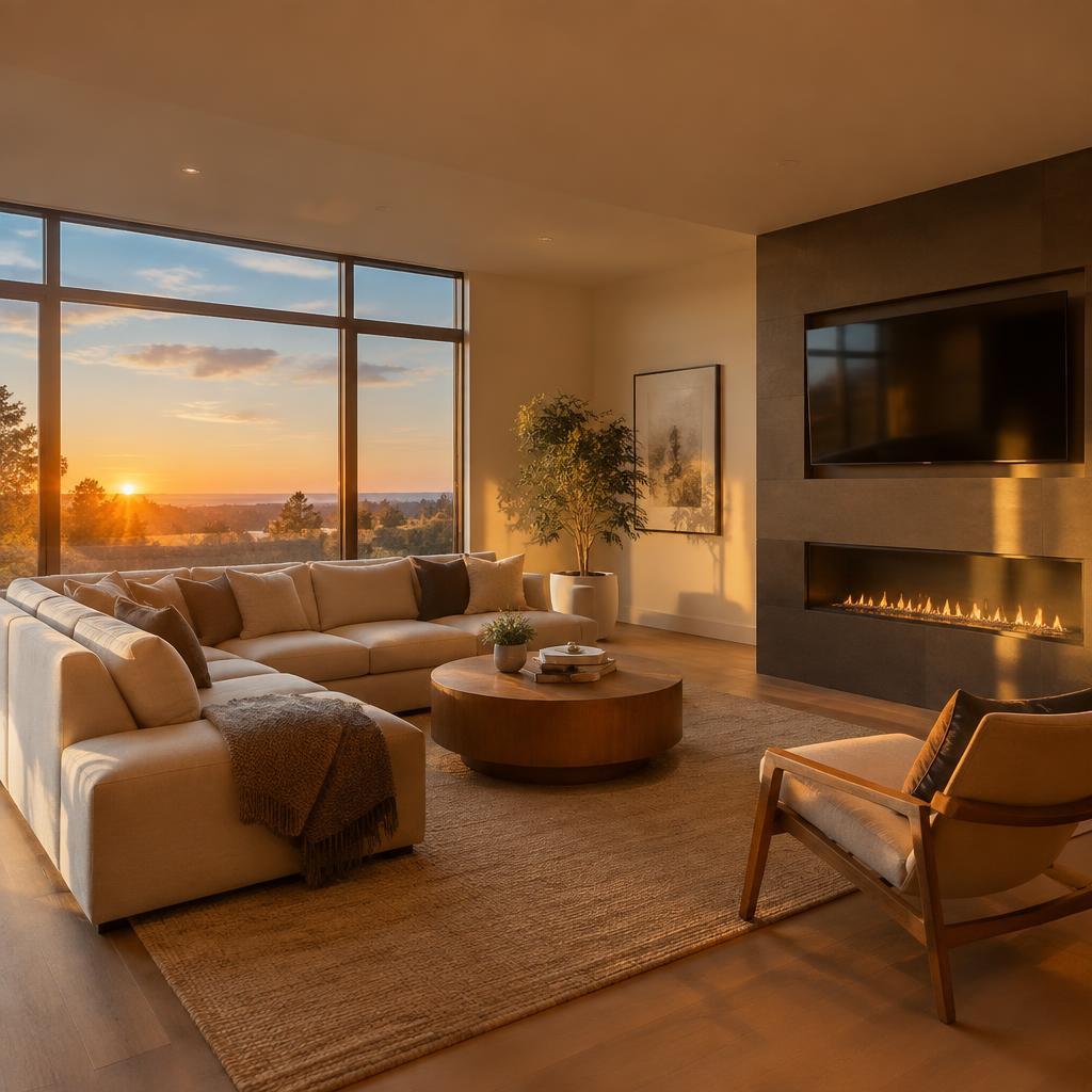 Modern living room in warm evening light