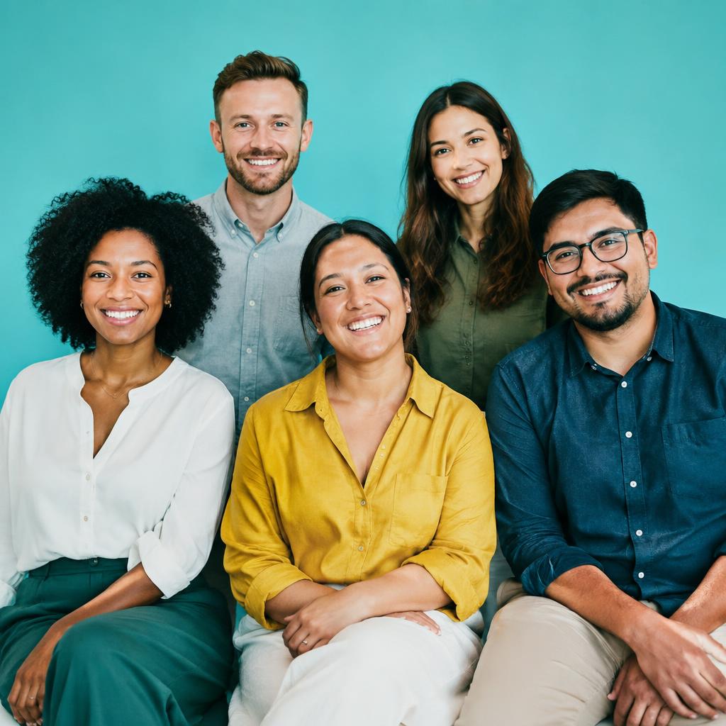 Small business team group portrait on a teal backdrop